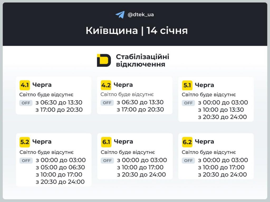 Відключення світла в Київській області 14 січня 2026: повний графік по чергах сьогодні