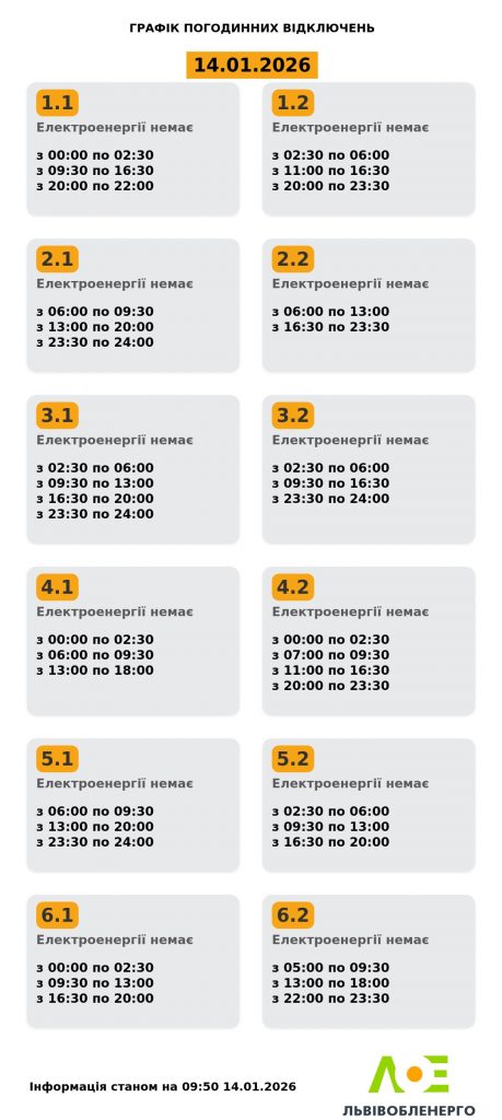 Відключення світла у Львові та області 14 січня 2026: повний графік і черги сьогодні
