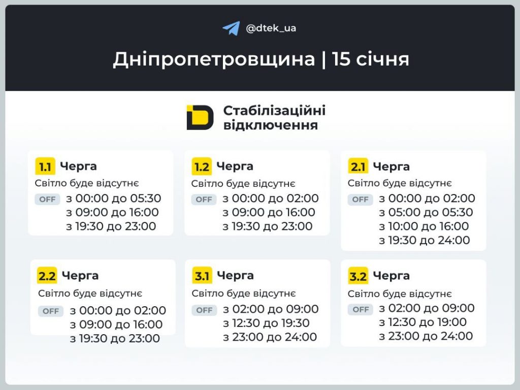 Коли не буде світла в Дніпрі та області у четвер, 15 січня: графік і черги сьогодні