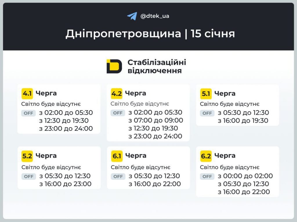 Коли не буде світла в Дніпрі та області у четвер, 15 січня: графік і черги сьогодні