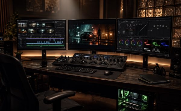 Професійна відеокарта NVIDIA RTX 5000 Ada PNY у робочій станції колориста з DaVinci Resolve на моніторах