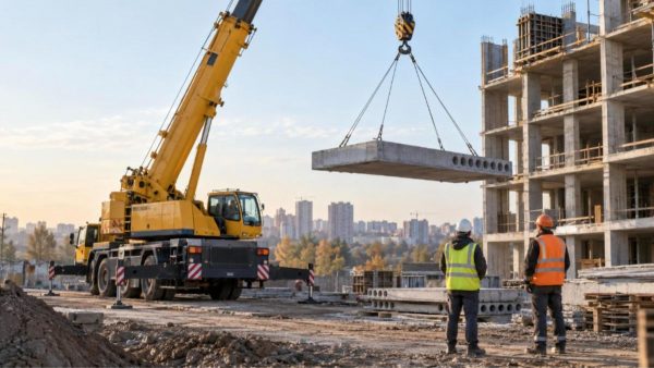Автокран поднимает бетонную плиту на строительной площадке