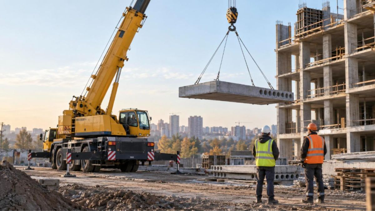 Автокран поднимает бетонную плиту на строительной площадке