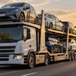 Автовоз с подержанными легковыми автомобилями едет по европейской трассе на закате