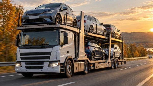 Автовоз с подержанными легковыми автомобилями едет по европейской трассе на закате