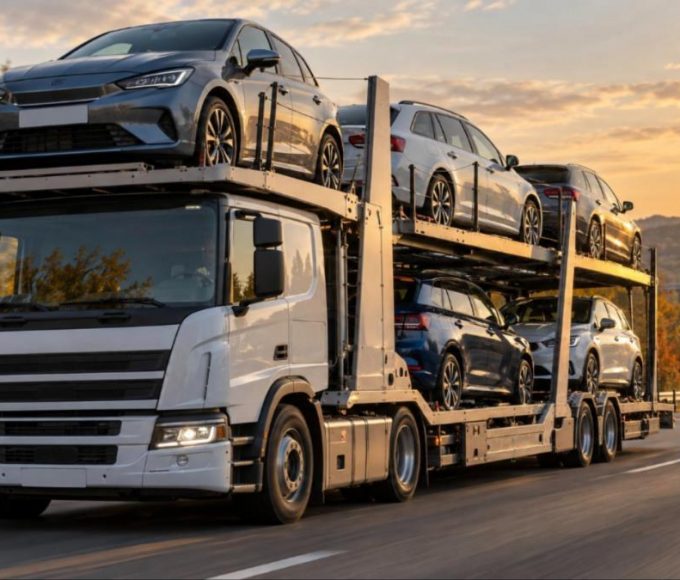 Автовоз с подержанными легковыми автомобилями едет по европейской трассе на закате