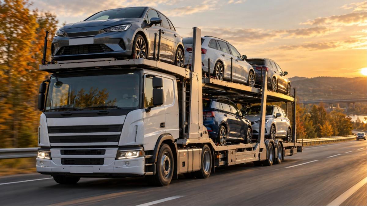 Автовоз с подержанными легковыми автомобилями едет по европейской трассе на закате
