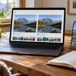 Ноутбук і смартфон показують схожі умовні пейзажні фотографії для порівняння