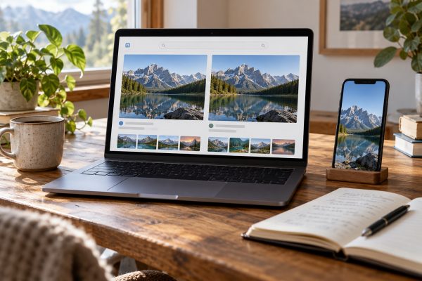 Ноутбук і смартфон показують схожі умовні пейзажні фотографії для порівняння