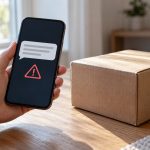 Смартфон з умовним повідомленням і знаком попередження поруч із картонною посилкою
