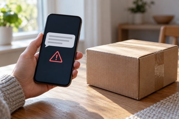 Смартфон з умовним повідомленням і знаком попередження поруч із картонною посилкою