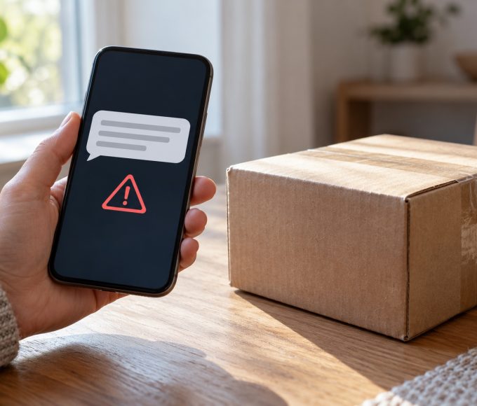 Смартфон з умовним повідомленням і знаком попередження поруч із картонною посилкою