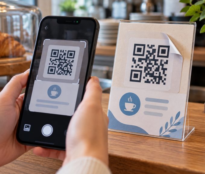 Смартфон біля умовного платіжного QR-коду з піднятим кутом наклейки