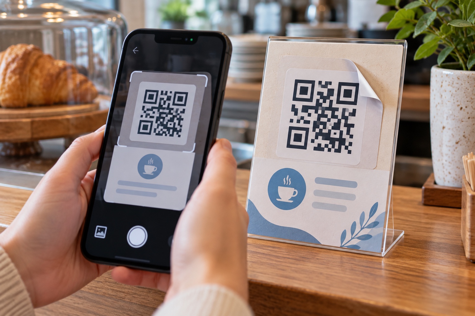 Смартфон біля умовного платіжного QR-коду з піднятим кутом наклейки