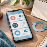 Смартфон з умовними картками цифрових підписок поруч із календарем