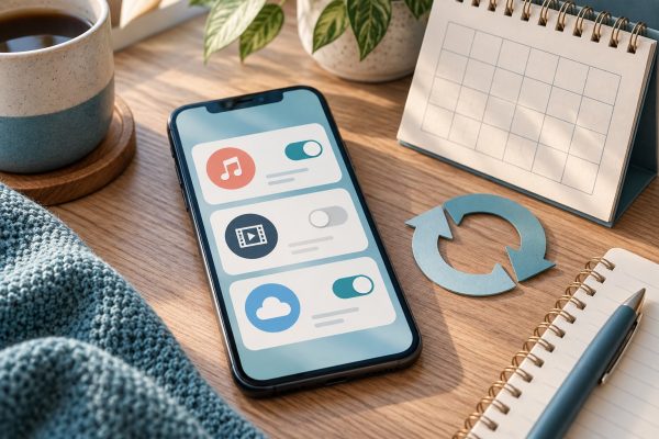 Смартфон з умовними картками цифрових підписок поруч із календарем